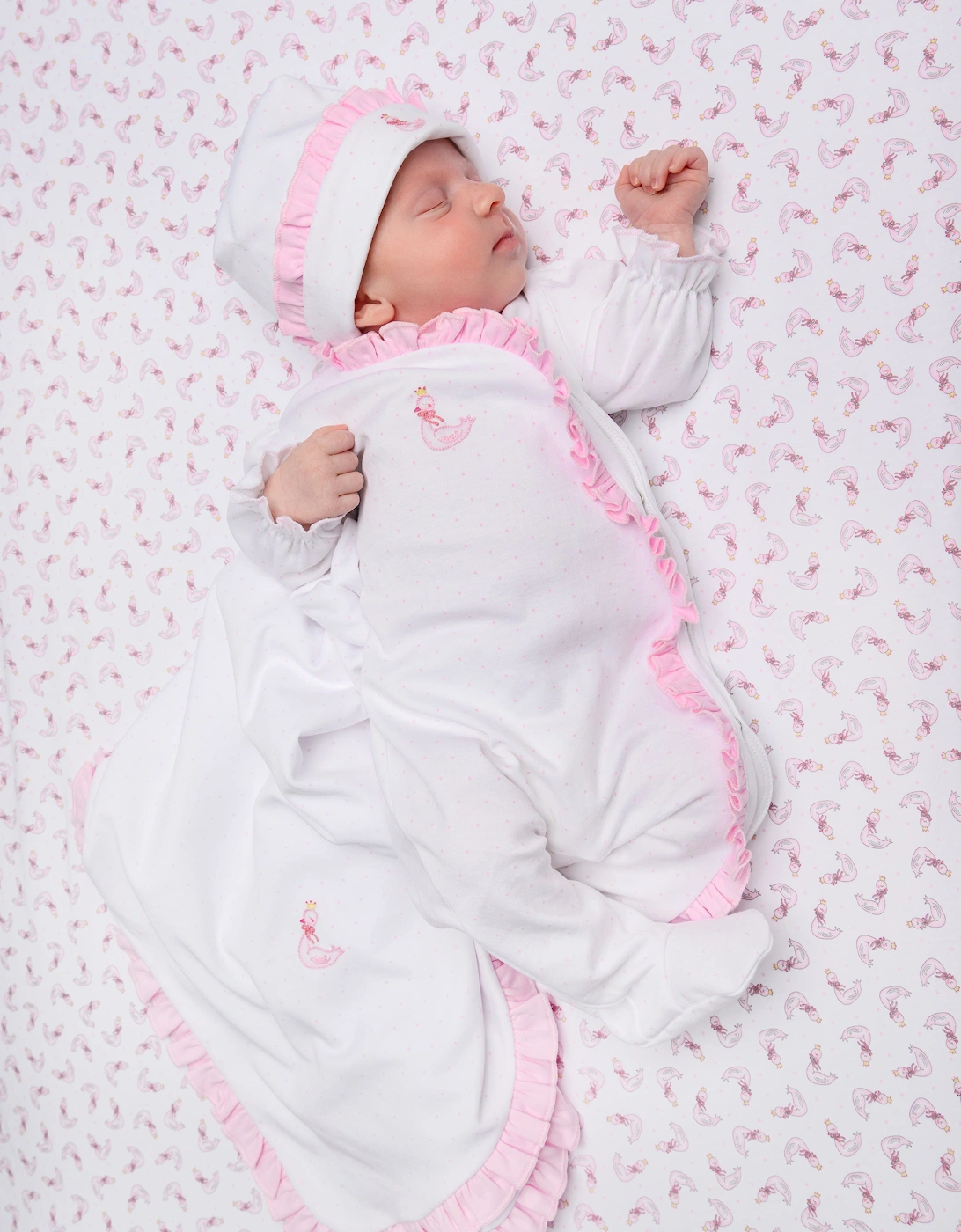 Baby Girls Swan Embroidered Cross Ruffle Babygrow in White