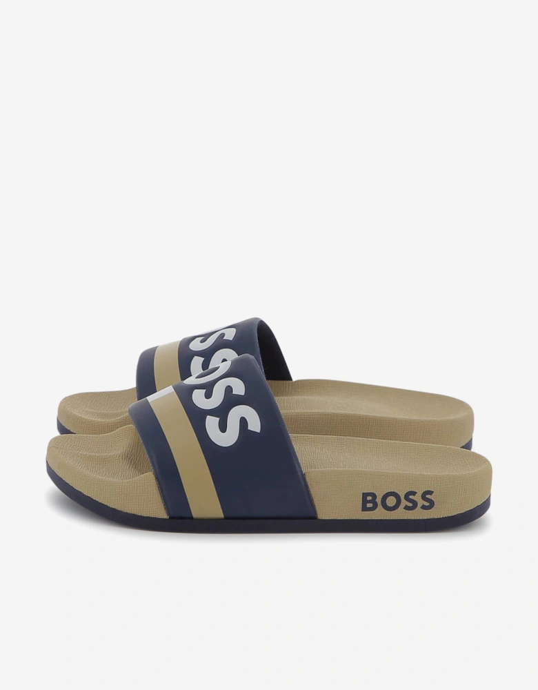 BOSS Boys Striped Logo Sliders in Beige