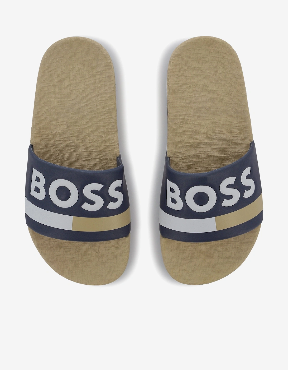 BOSS Boys Striped Logo Sliders in Beige