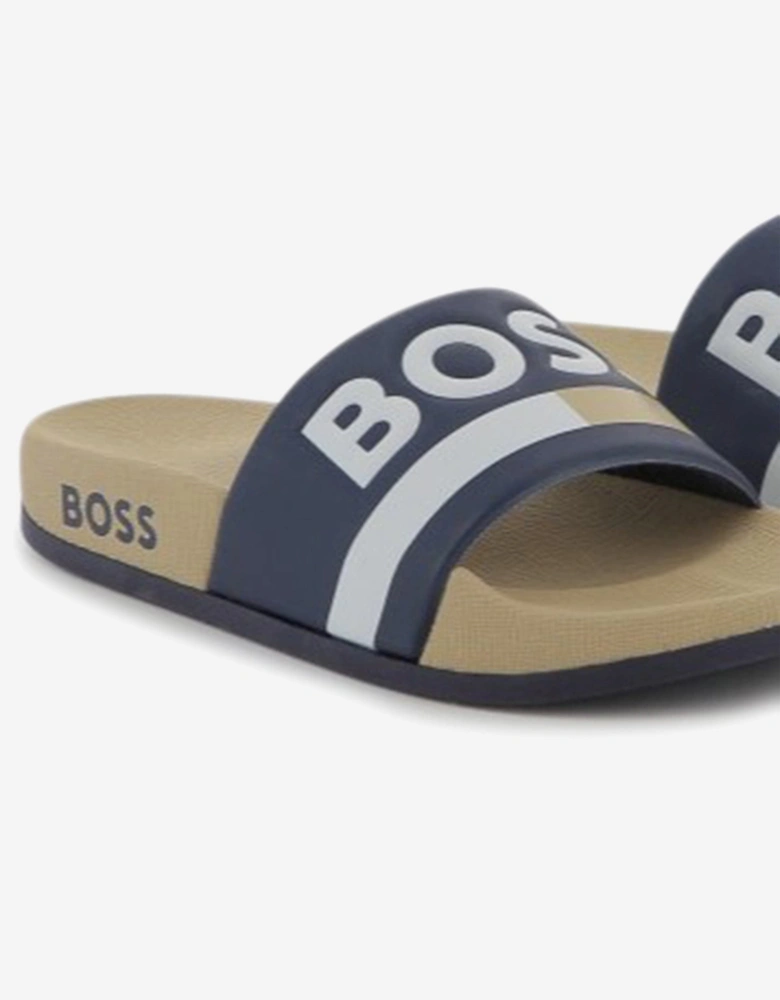 BOSS Boys Striped Logo Sliders in Beige