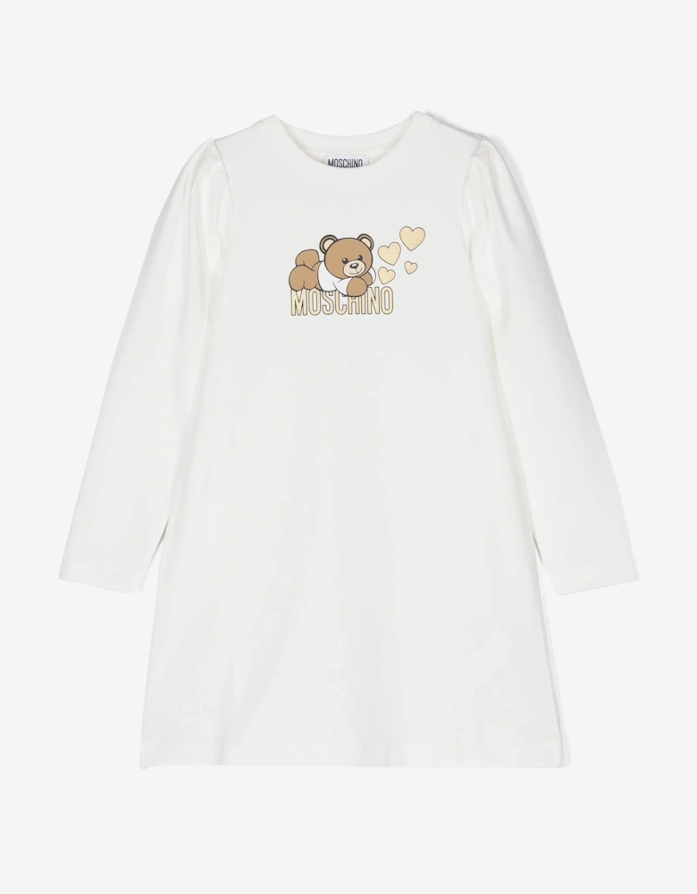 Girls Teddy Bear Jersey Dress in Ivory