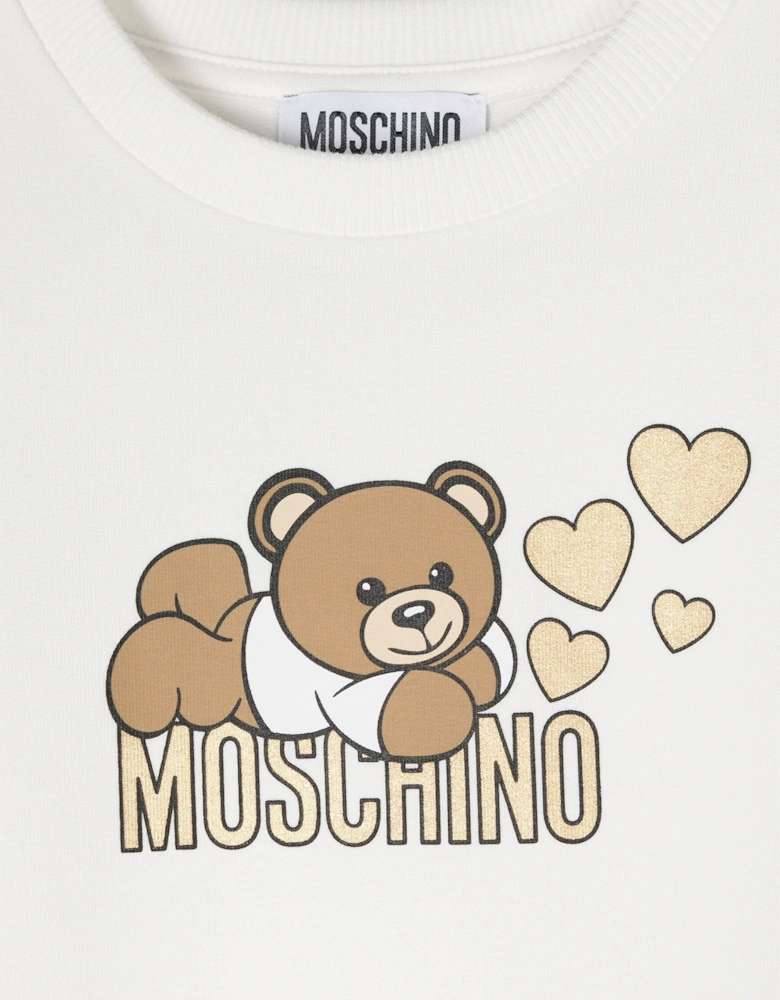 Girls Teddy Bear Jersey Dress in Ivory