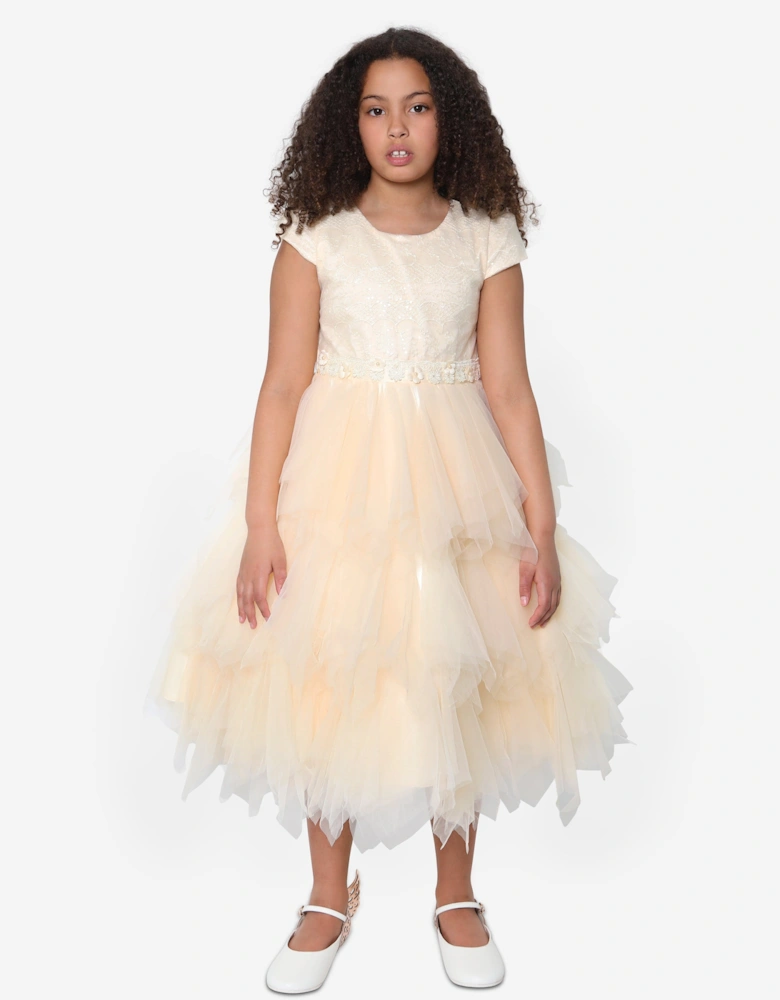 Girls Tulle Tiered Dress in Cream