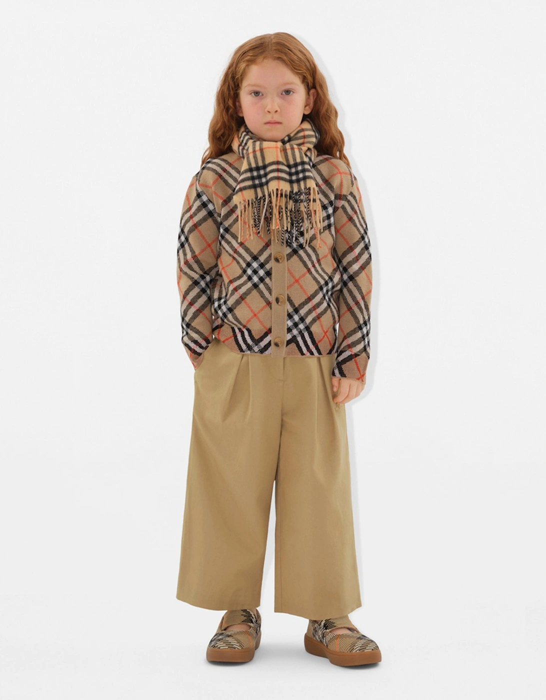 Girls Wool Check Cardigan in Beige