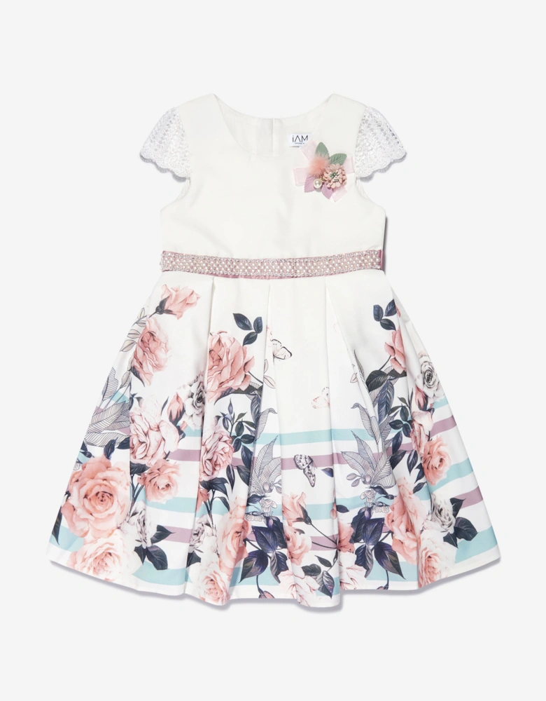 Girls Floral Printed A Line Dress in White