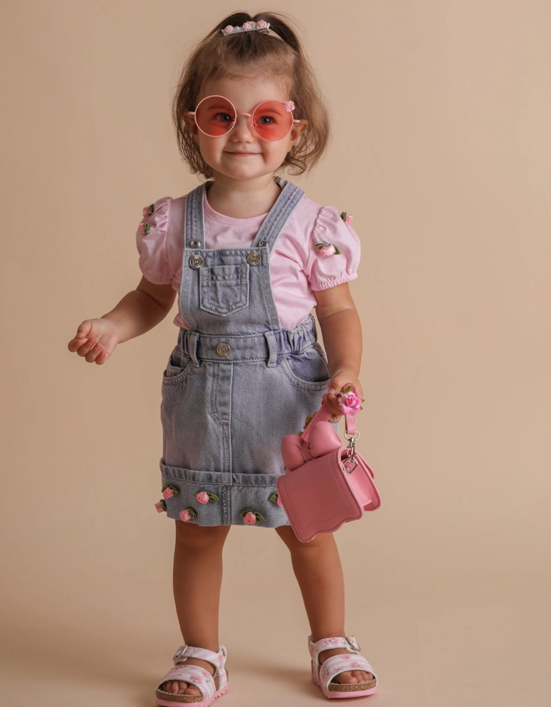 Baby Girls Rose Denim Dungaree Dress in Blue