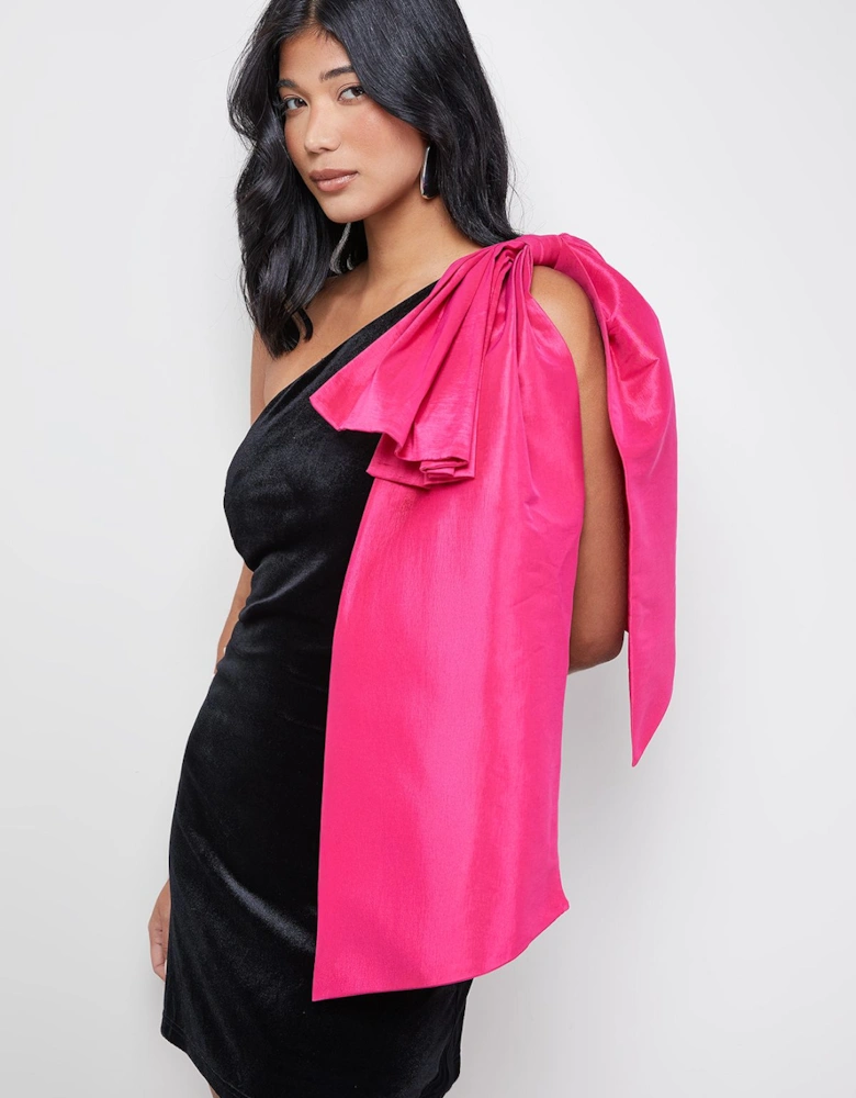Velvet Taffeta Bow One Shoulder Mini Dress