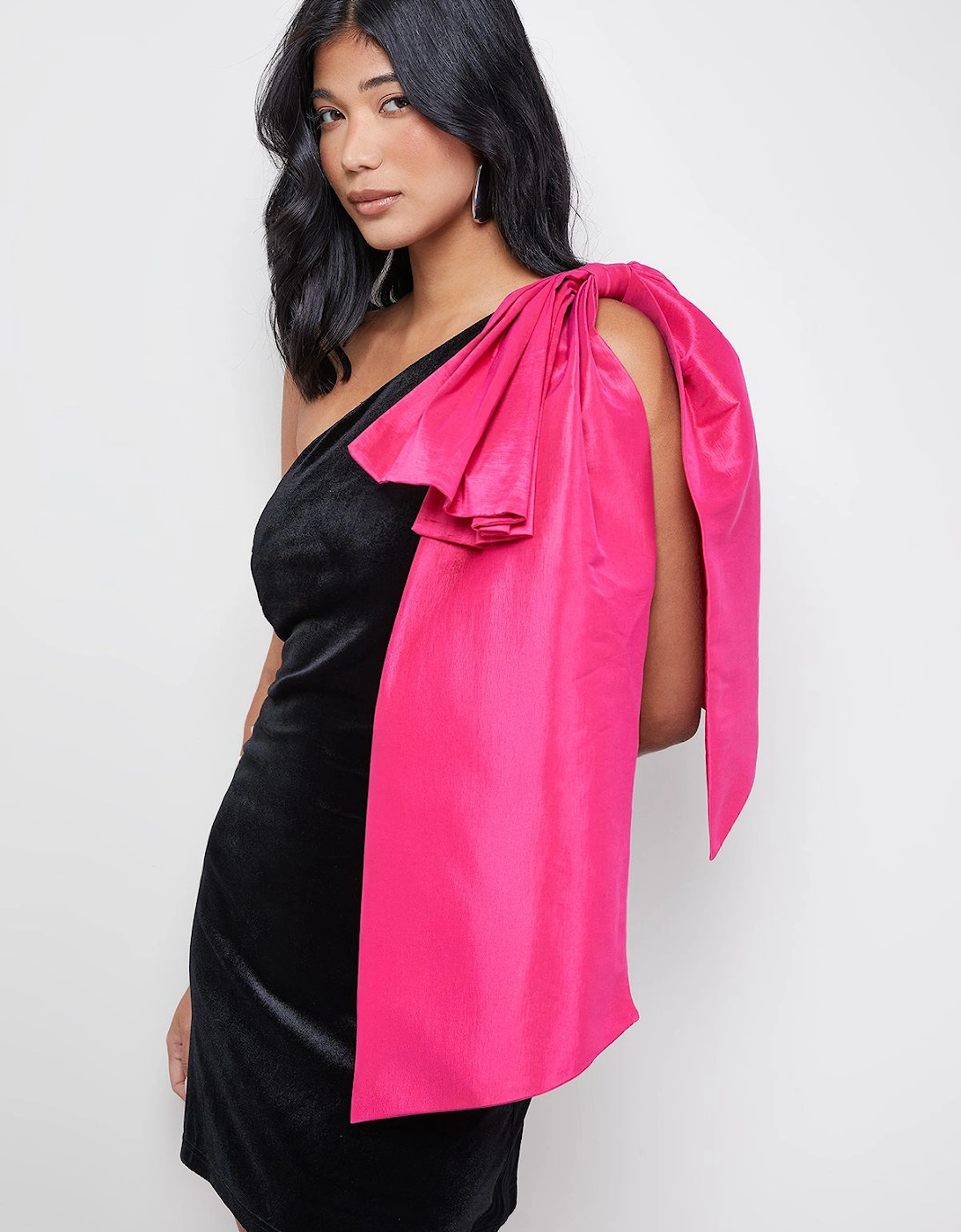 Velvet Taffeta Bow One Shoulder Mini Dress, 2 of 1