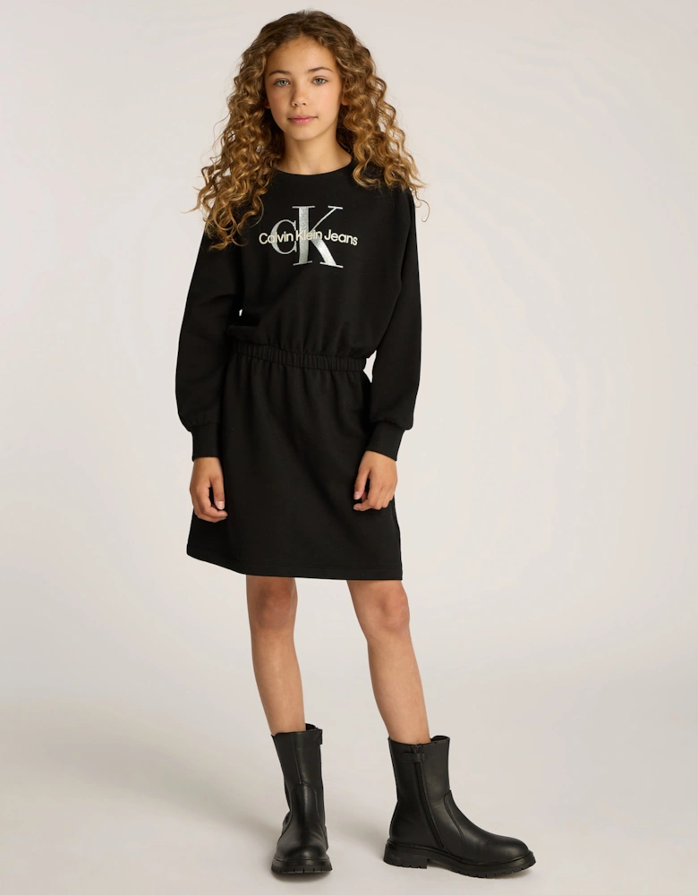 Girls Glitter Monologo Sweater Dress in Black