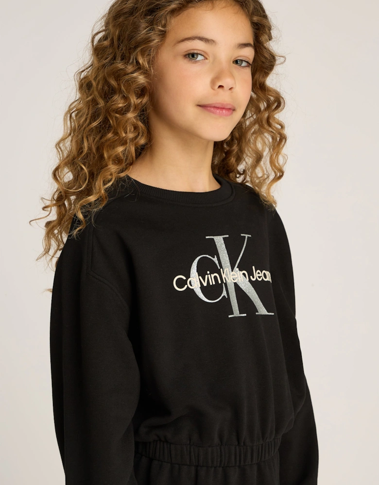 Girls Glitter Monologo Sweater Dress in Black