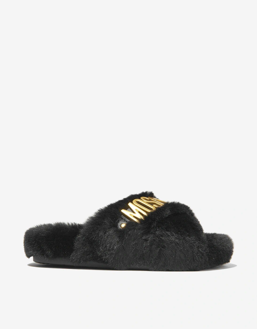 Girls Faux Fur Logo Slippers, 5 of 4
