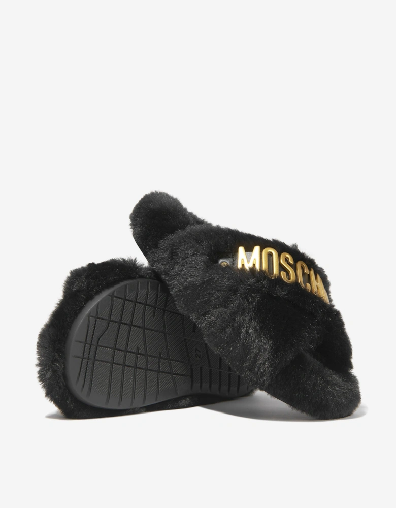 Girls Faux Fur Logo Slippers