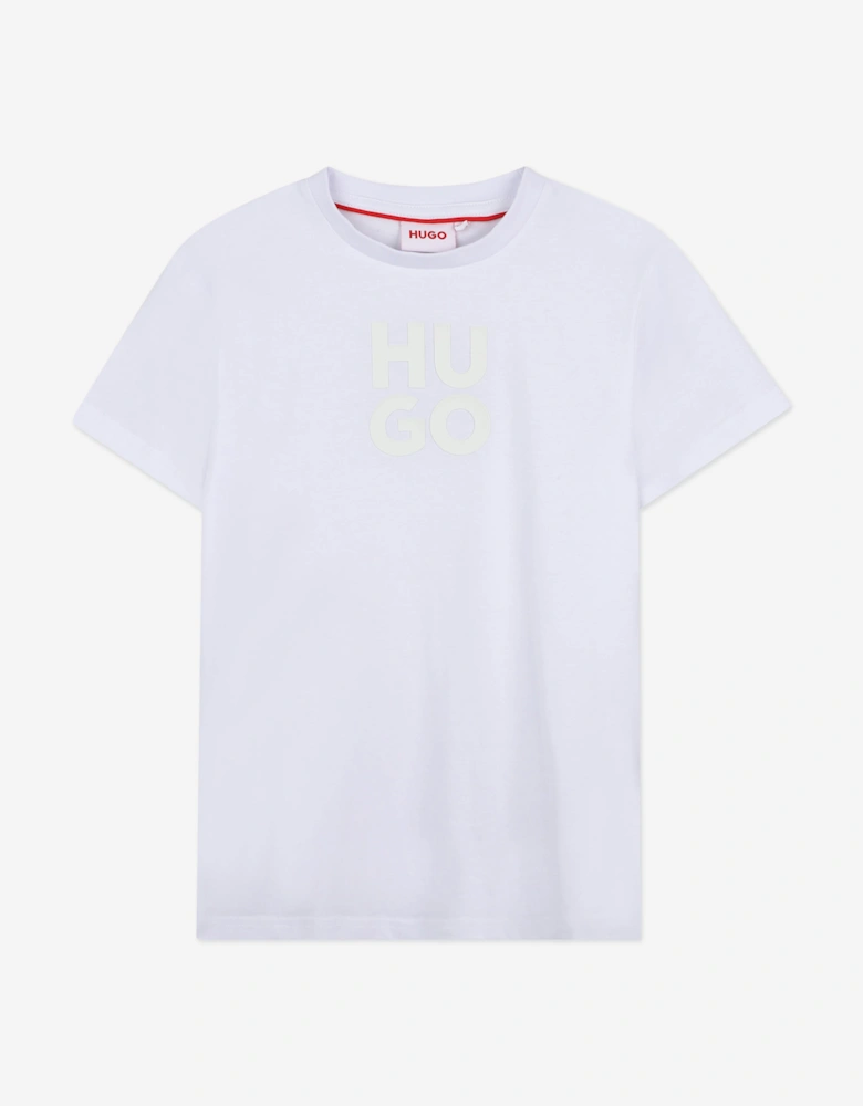 Boys Stacked Logo Print T-Shirt in White