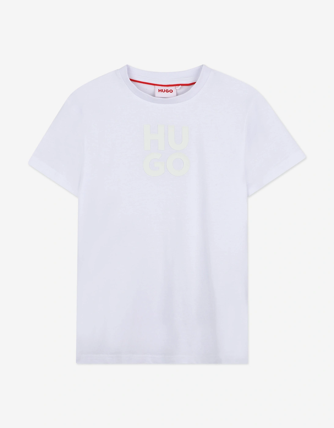 Boys Stacked Logo Print T-Shirt in White, 5 of 4