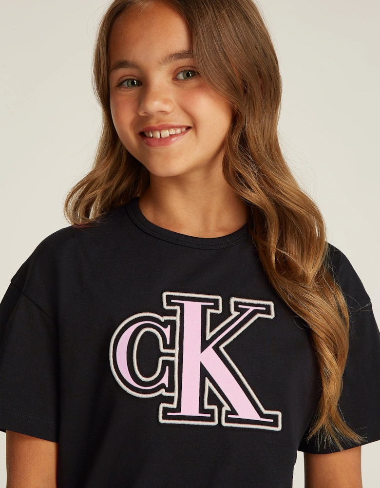 Girls Monogram Flock Boxy T-Shirt in Black