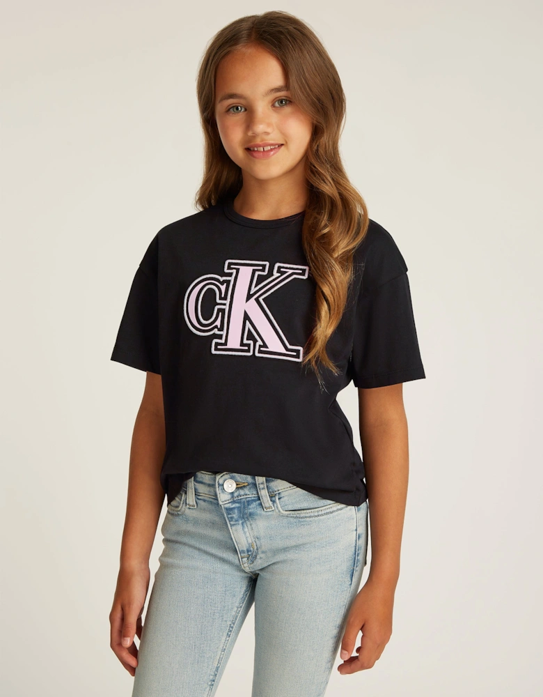 Girls Monogram Flock Boxy T-Shirt in Black