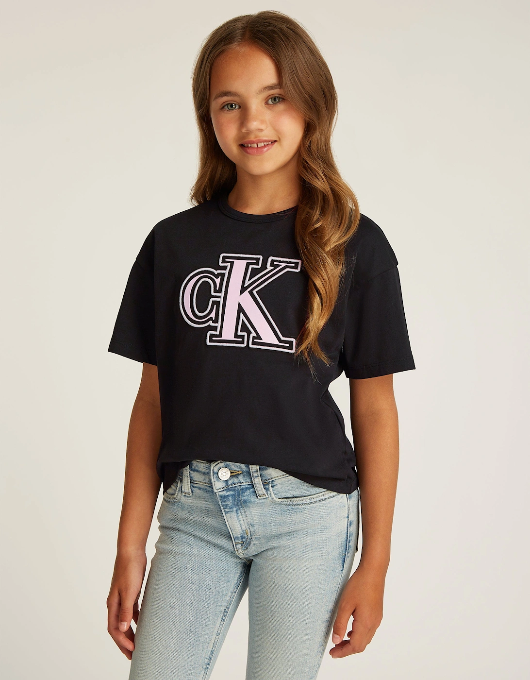 Girls Monogram Flock Boxy T-Shirt in Black