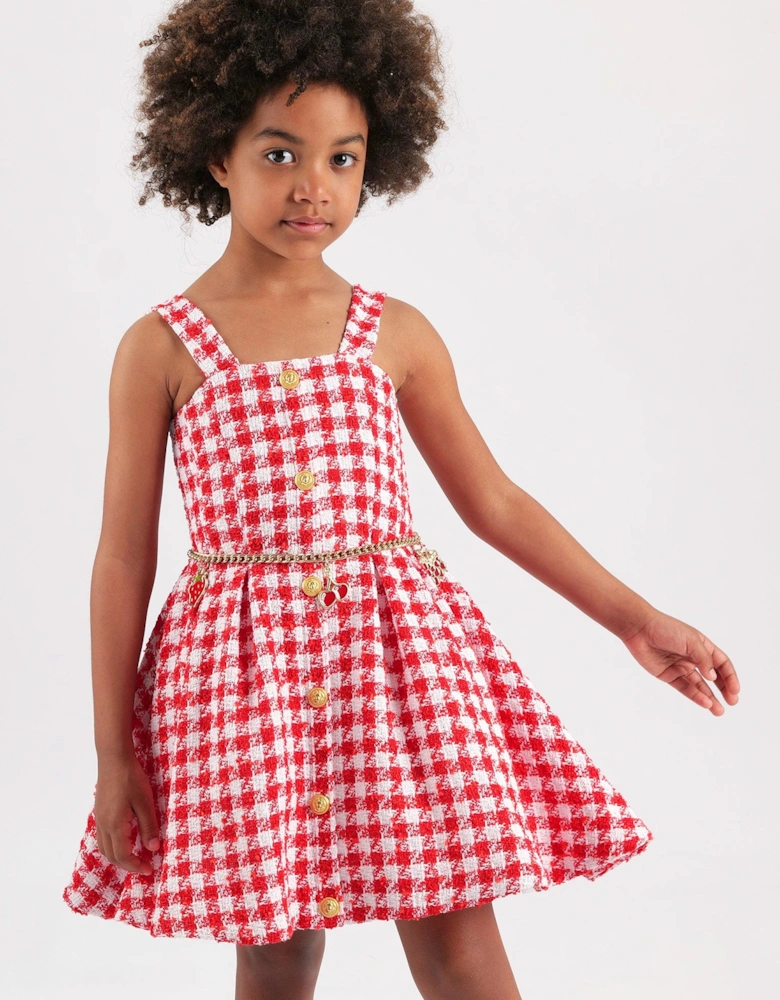 Girls Checked Tweed Dress in Red