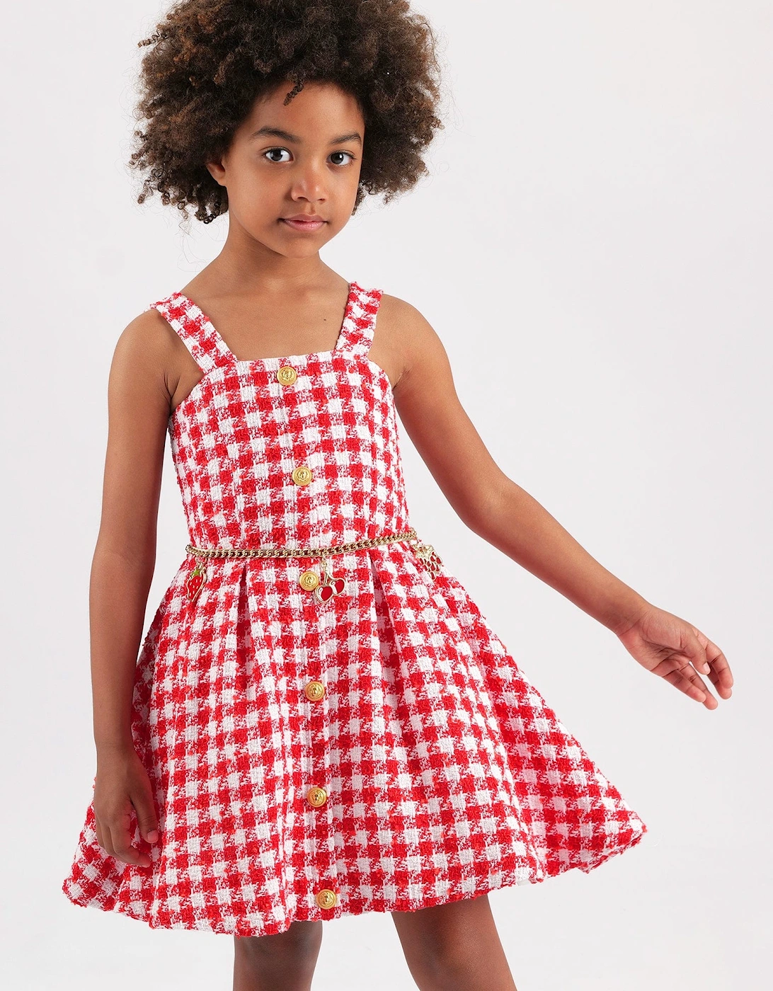 Girls Checked Tweed Dress in Red