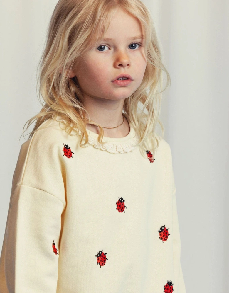 Girls Ladybugs Embroidered Lace Sweatshirt in Ivory