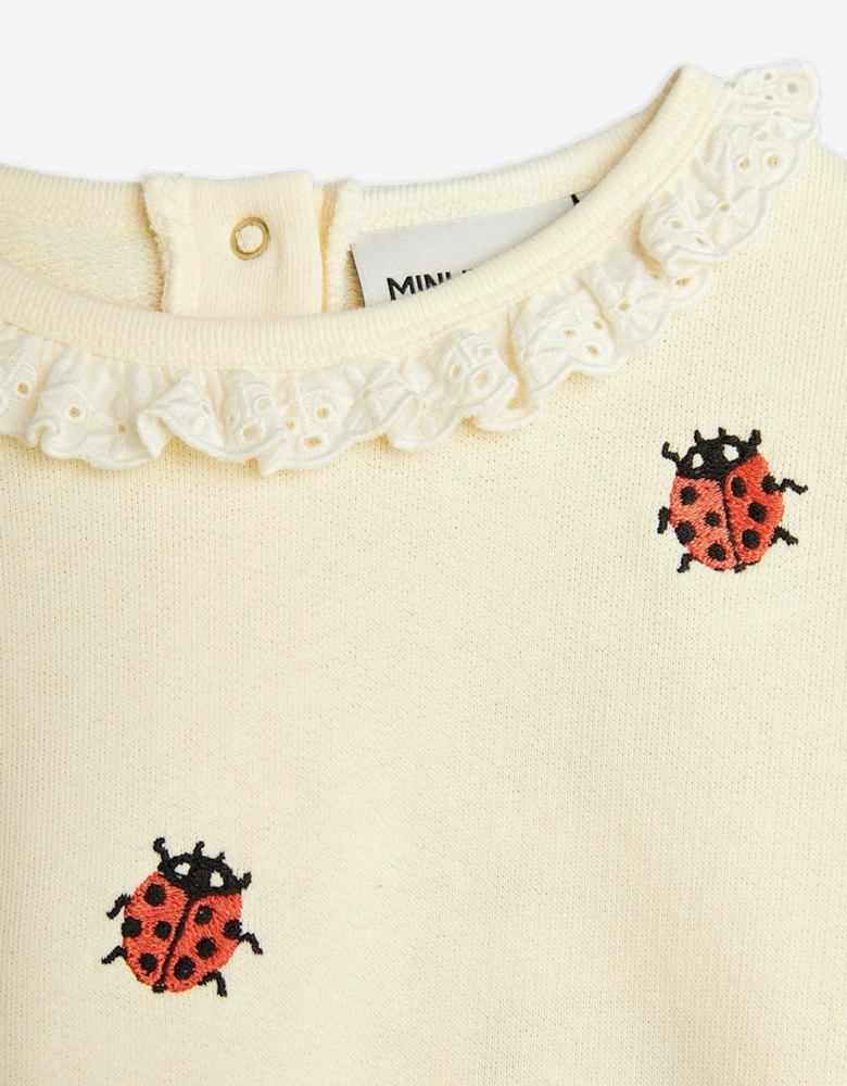 Girls Ladybugs Embroidered Lace Sweatshirt in Ivory