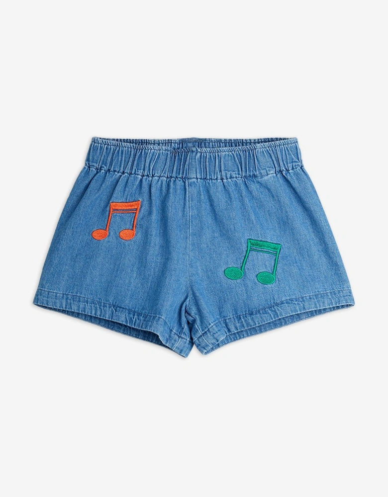 Kids Note Embroidered Denim Shorts in Blue