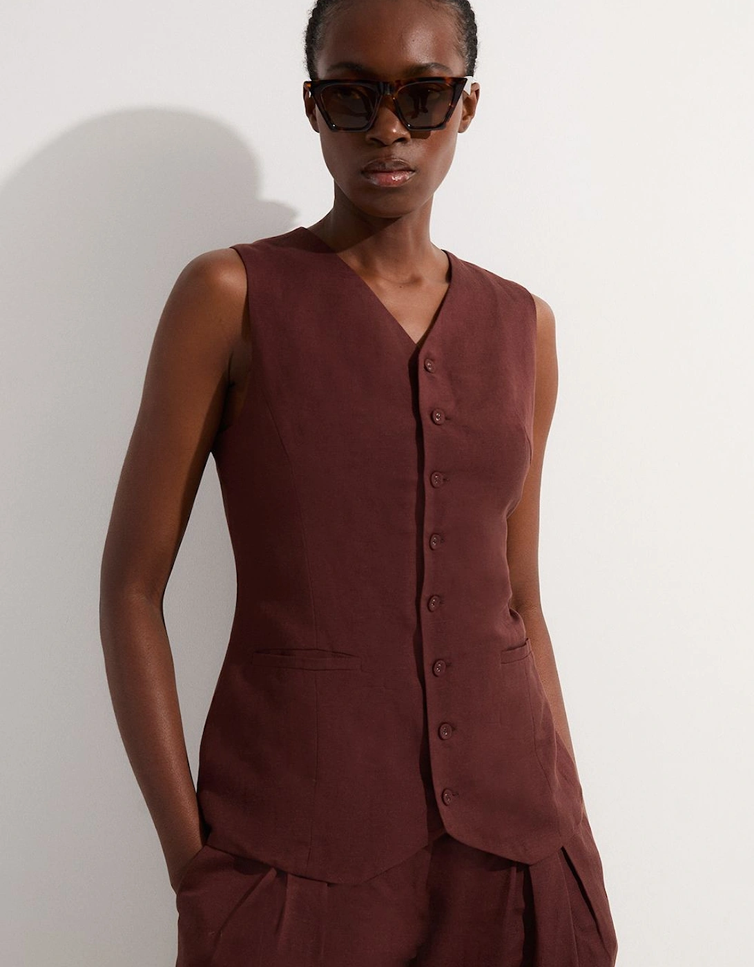 Viscose Linen Woven Longline Waistcoat, 2 of 1