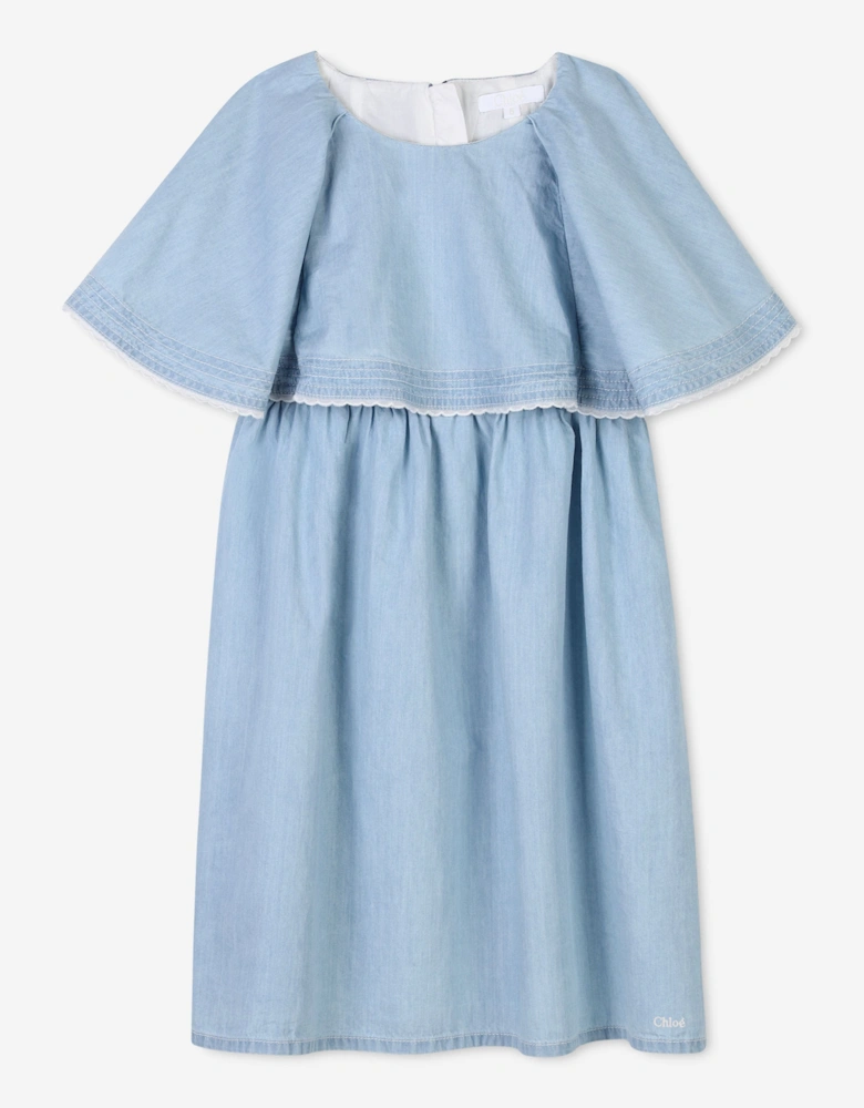 Girls Ruffled Lightweight Denim Dress in Blue