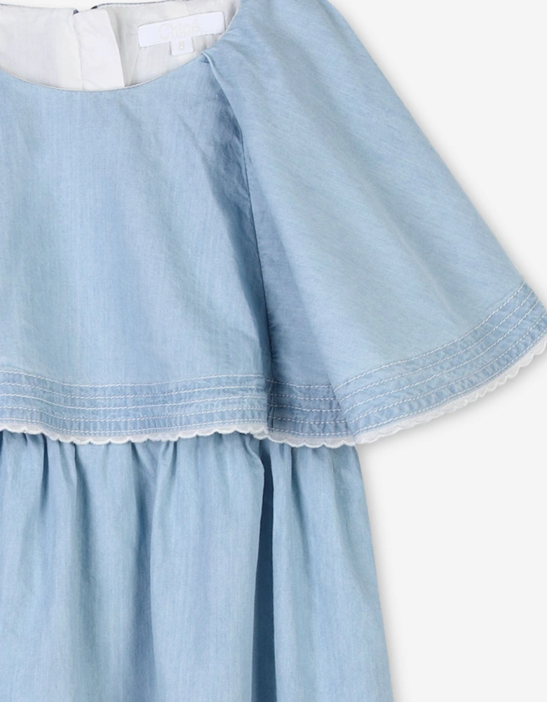Girls Ruffled Lightweight Denim Dress in Blue