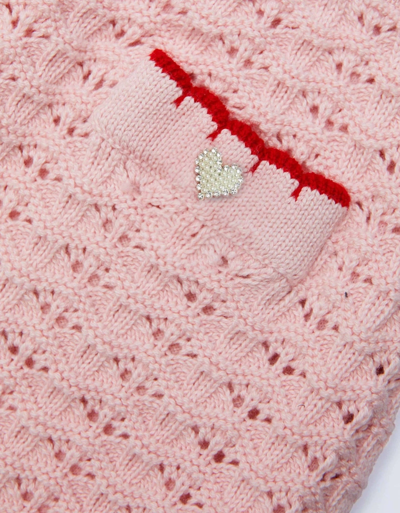 Girls Textured Knit Heart Detail Skirt in Pink