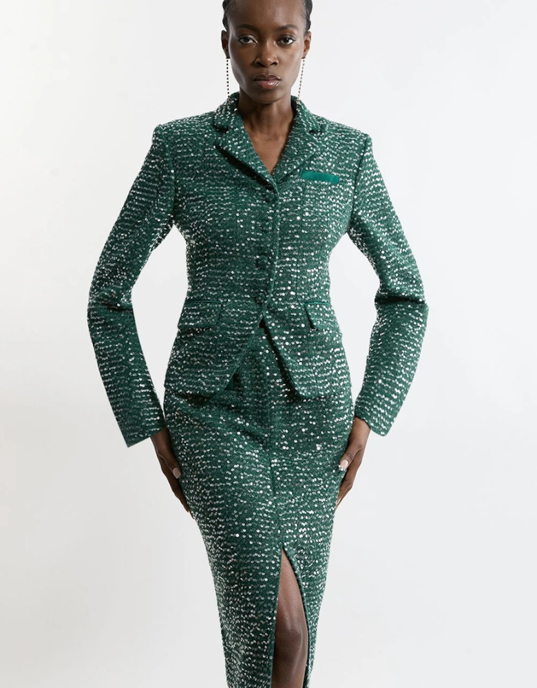 Sequin Tweed Tailored Midi Skirt
