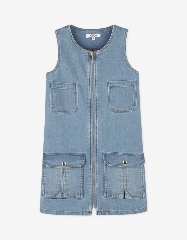 Girls Sleeveless Denim Zip Dress in Blue