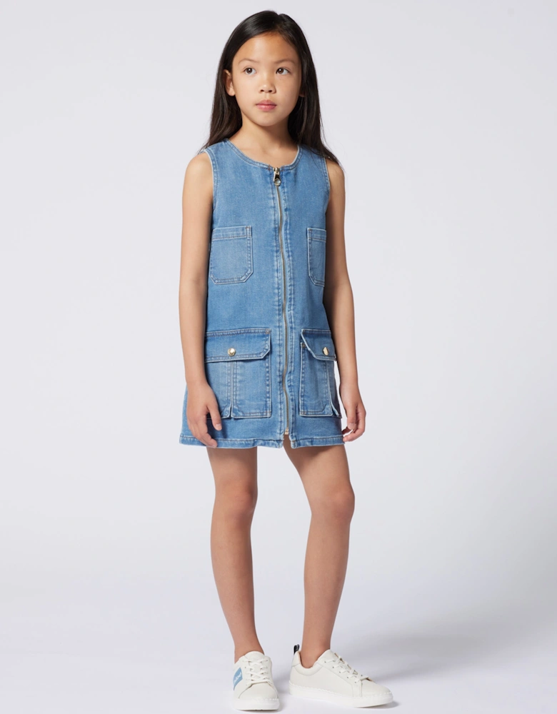 Girls Sleeveless Denim Zip Dress in Blue