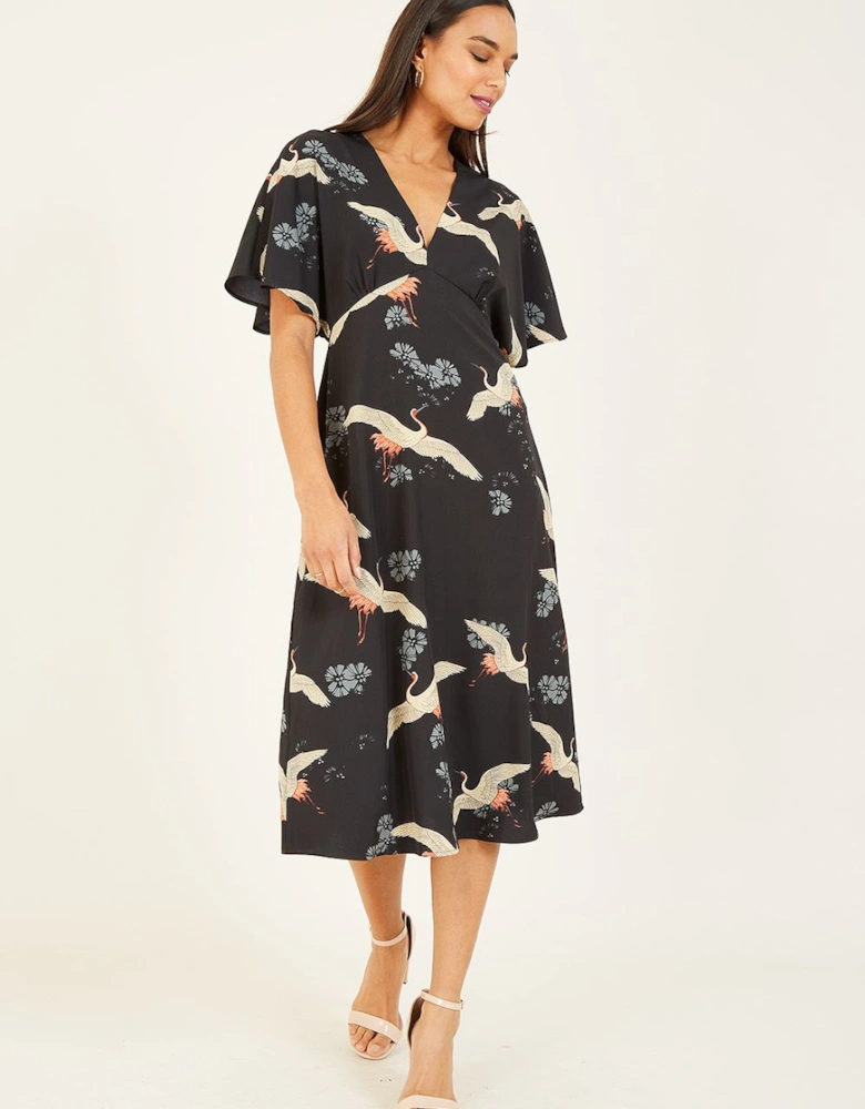 Black Crane Print Midi Dress