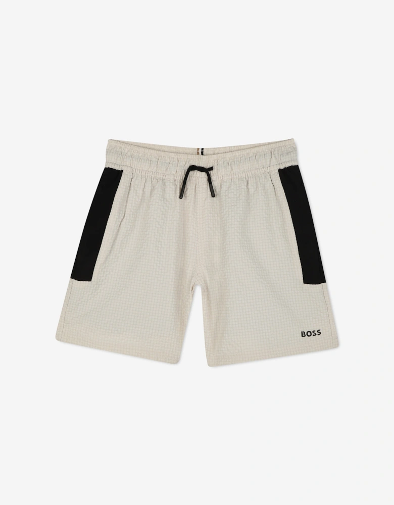 BOSS Boys Logo Print Swim Shorts in Beige