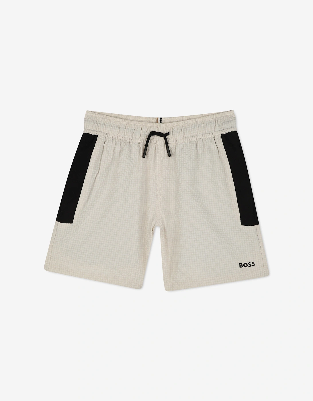 BOSS Boys Logo Print Swim Shorts in Beige, 5 of 4