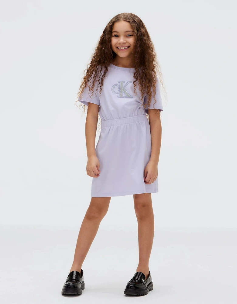 Girls Monologo Metallic T-Shirt Dress in Purple