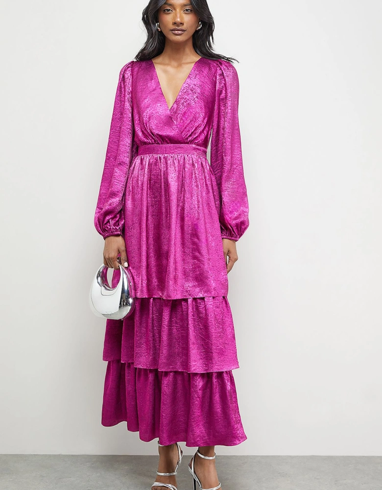 Metallic Plunge Neck Tier Midi Dress