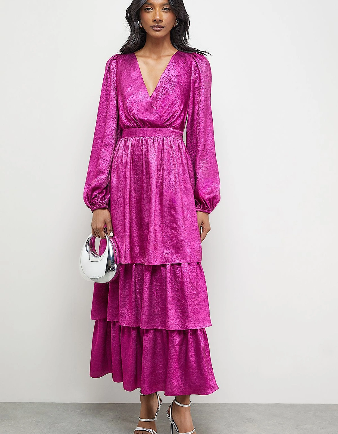 Metallic Plunge Neck Tier Midi Dress, 2 of 1