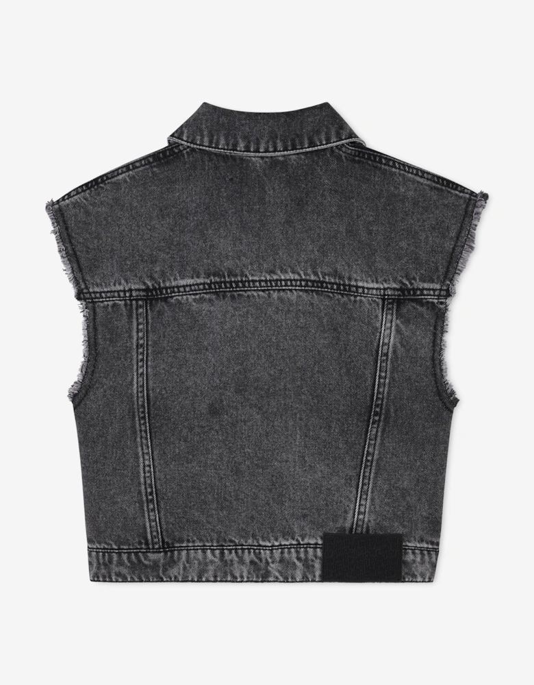 Girls Diamante Daisy Denim Gilet in Black