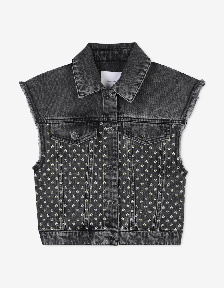 Girls Diamante Daisy Denim Gilet in Black