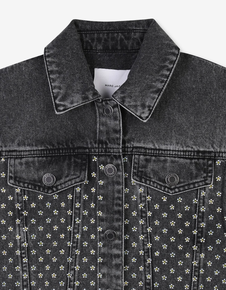 Girls Diamante Daisy Denim Gilet in Black