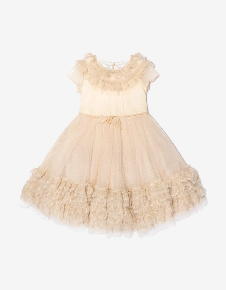 Girls Trimmed Plumetis Tulle Gown in Cream