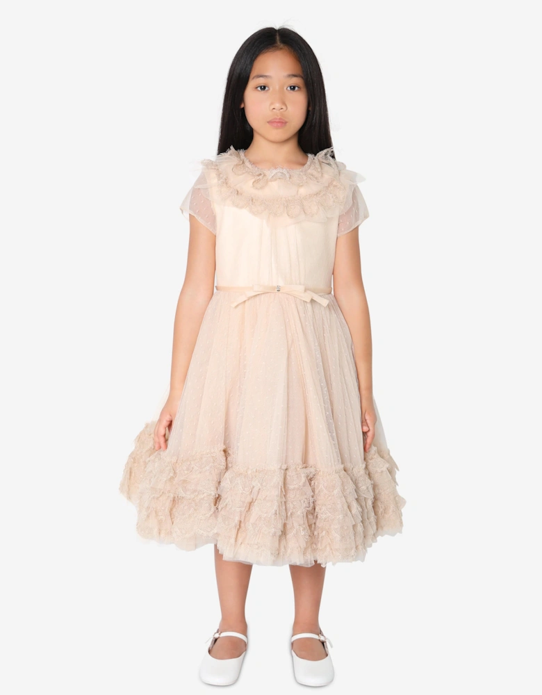 Girls Trimmed Plumetis Tulle Gown in Cream