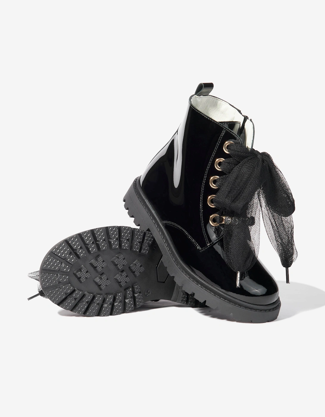 Girls Leather Lace Up Boots in Black