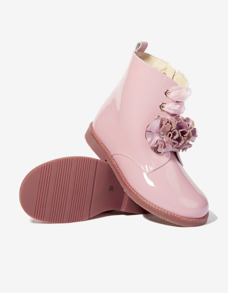 Girls Patent Leather Flower Boots in Pink