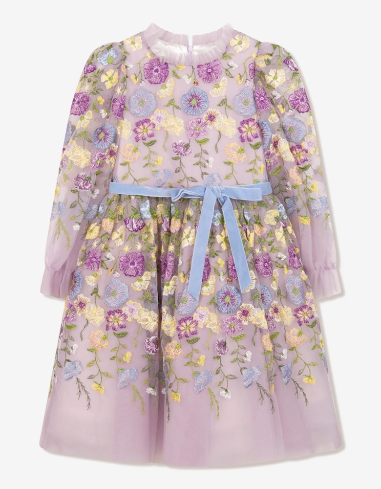 Girls Flower Embroidered Tulle Gown in Multicolour