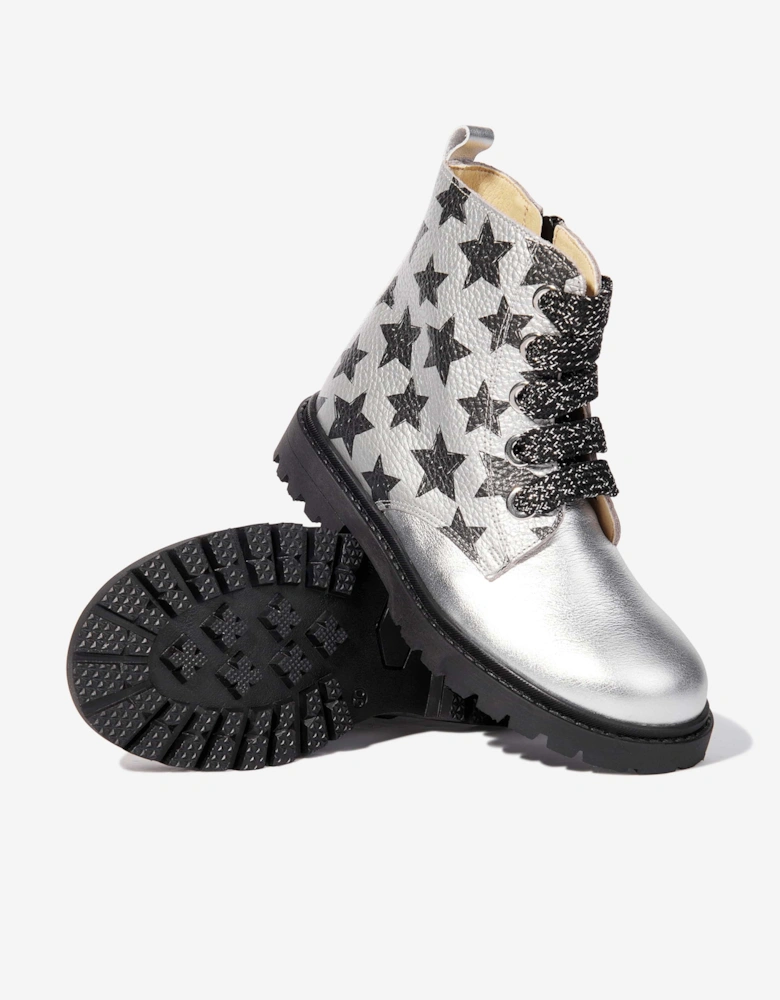 Girls Leather Lace Up Star Boots in Silver