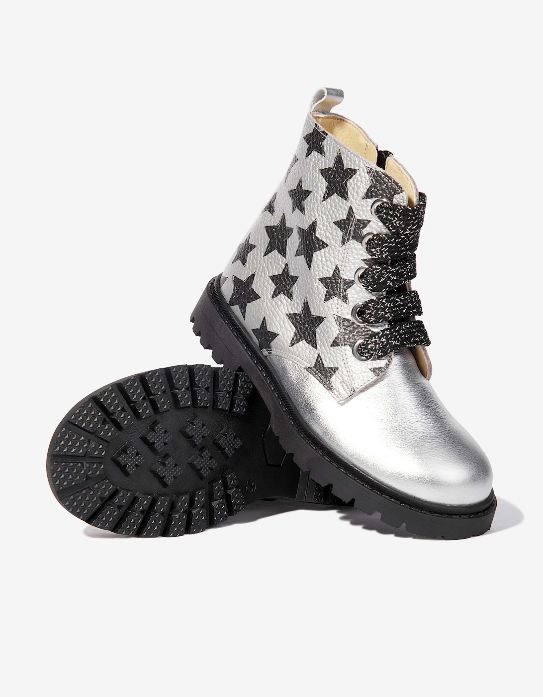 Girls Leather Lace Up Star Boots in Silver