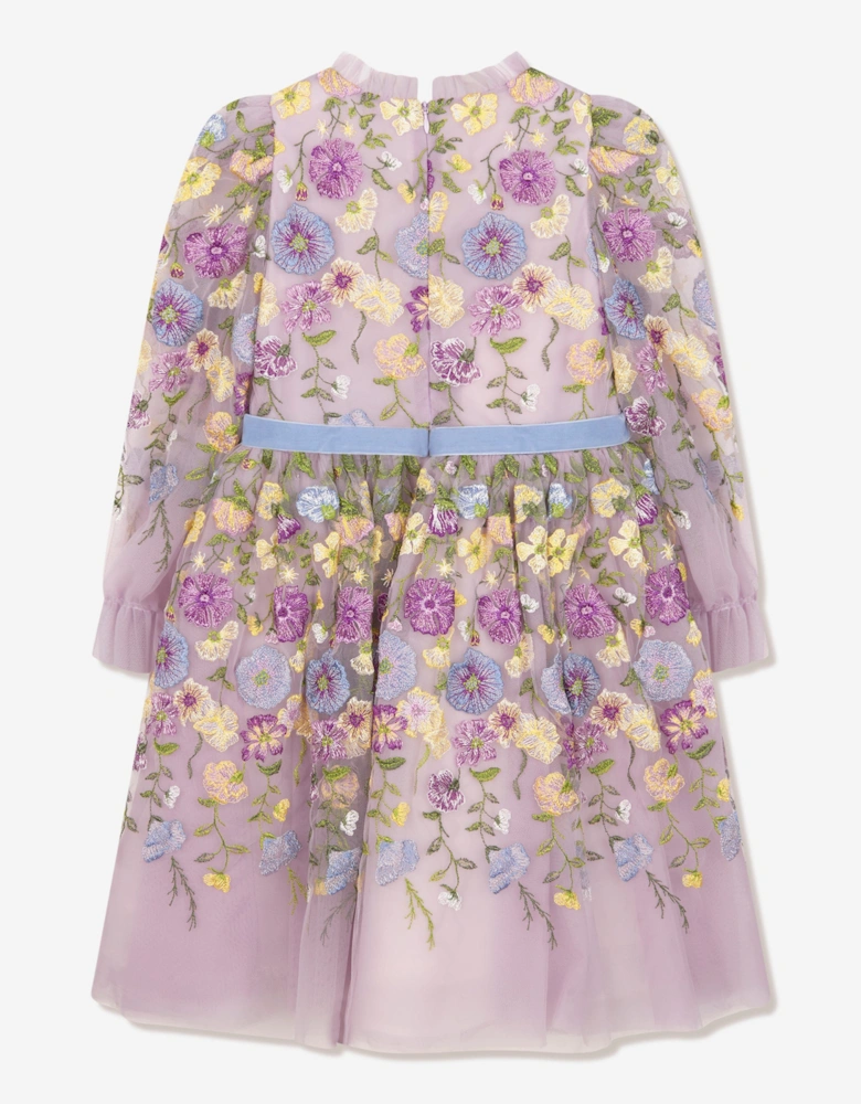 Girls Flower Embroidered Tulle Gown in Multicolour